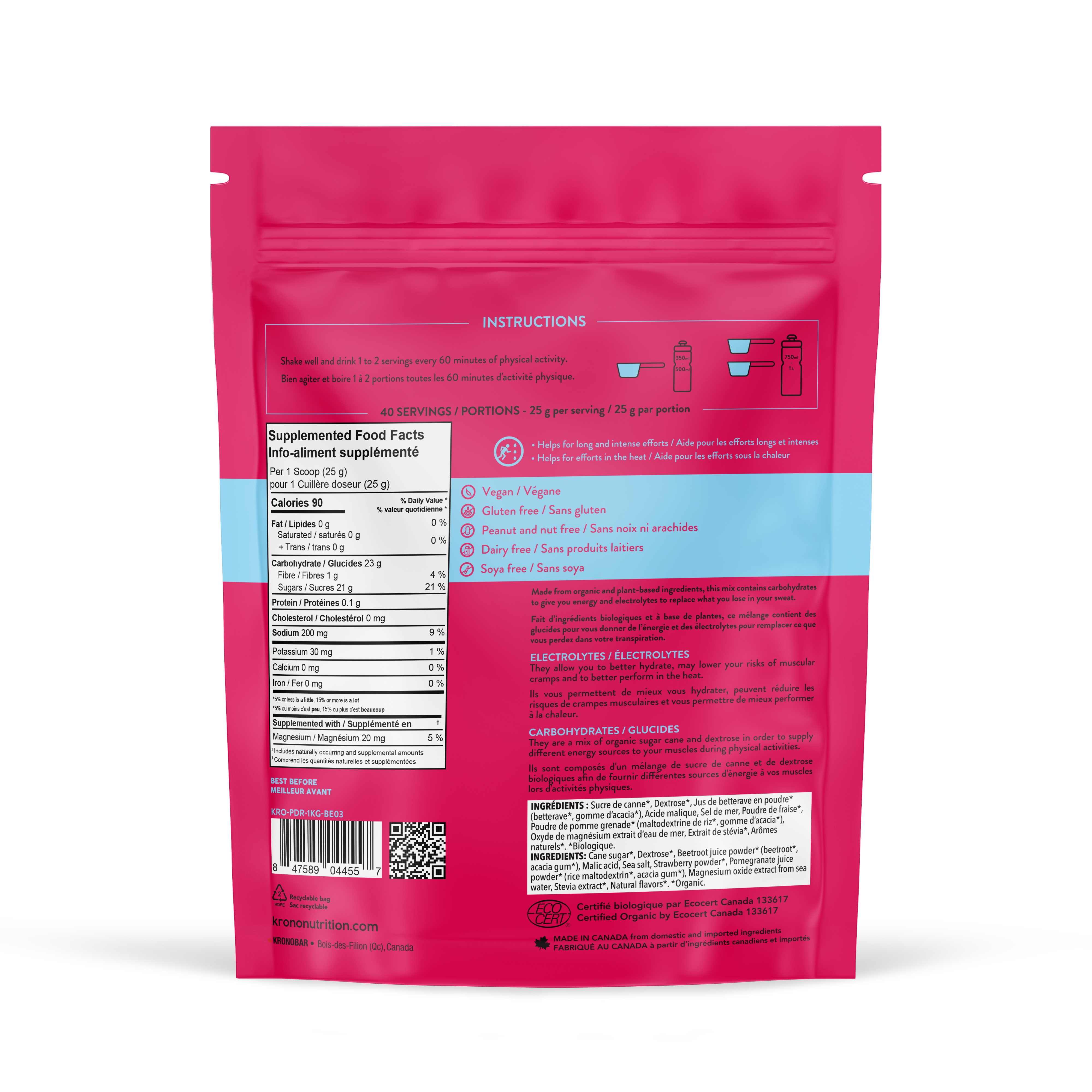 Krono Nutrition berries and pomegranate sport drink mix, 1kg, back view