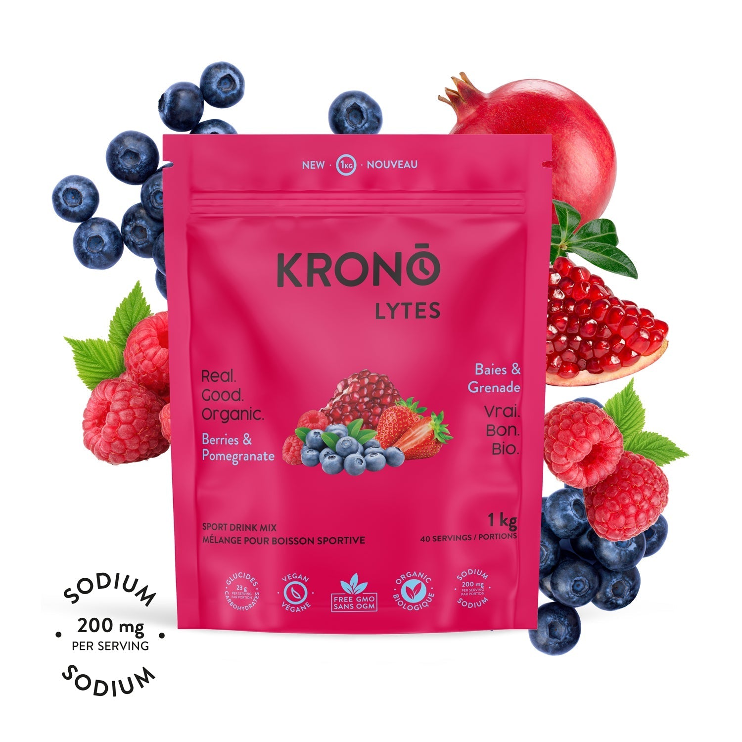 Krono Nutrition berries and pomegranate sport drink mix, 1kg, berries and pomegranates in the background