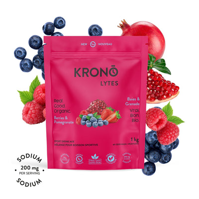 Krono Nutrition berries and pomegranate sport drink mix, 1kg, berries and pomegranates in the background