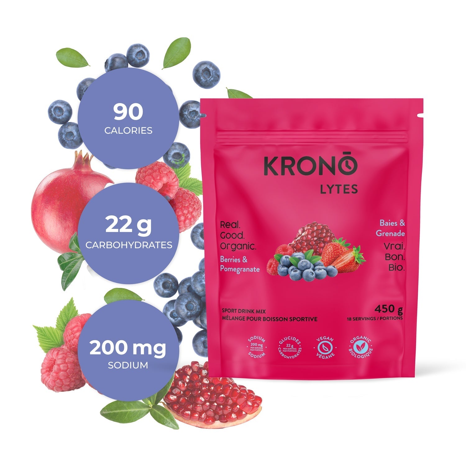 Krono Nutrition berries and pomegranate sport drink mix, 450g, composition with berries and pomegranates in the background