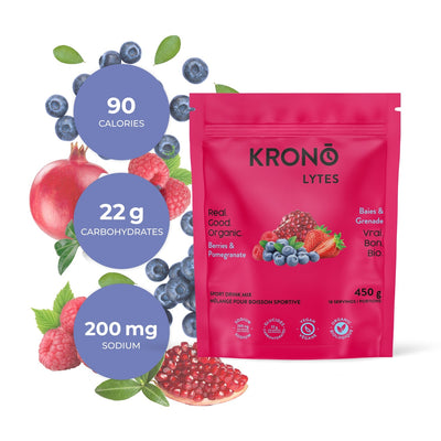 Krono Nutrition berries and pomegranate sport drink mix, 450g, composition with berries and pomegranates in the background