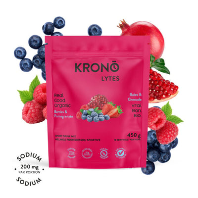Krono Nutrition berries and pomegranate sport drink mix, 450g, berries and pomegranates in the background