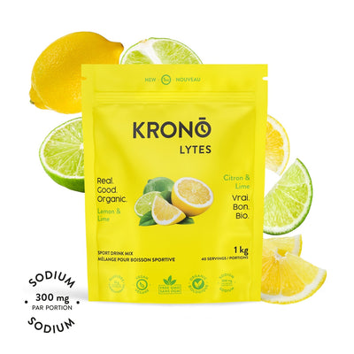 Krono Nutrition lemon and lime sport drink mix, 1kg, lemons and limes in the background