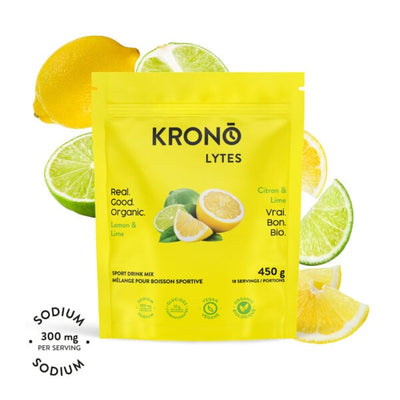 Krono Nutrition lemon and lime sport drink mix, 450g, lemons and limes in the background