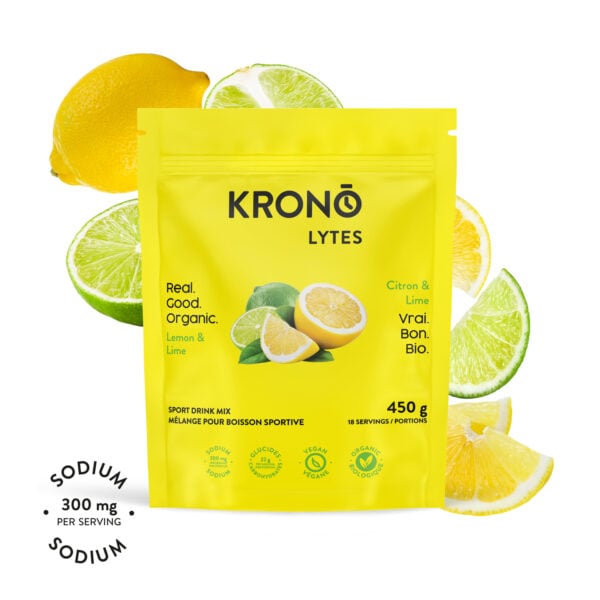 Krono Nutrition lemon and lime sport drink mix, 450g, lemons and limes in the background