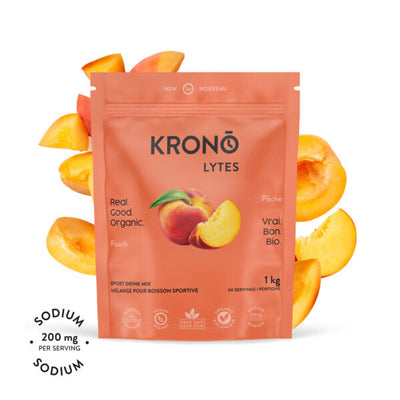 Krono Nutrition peach sport drink mix, 1kg, peaches in the background