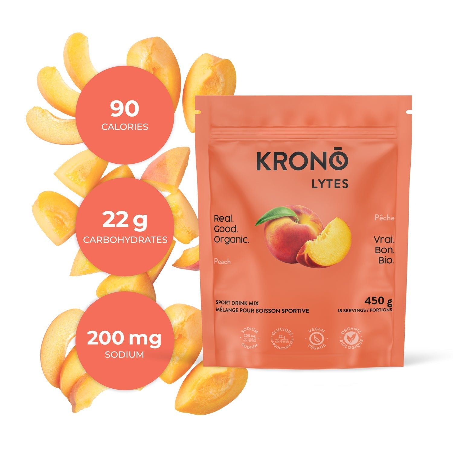 Krono Nutrition peach sport drink mix, 450g, composition with peaches in the background
