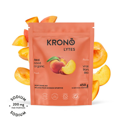 Krono Nutrition peach sport drink mix, 450g, peaches in the background