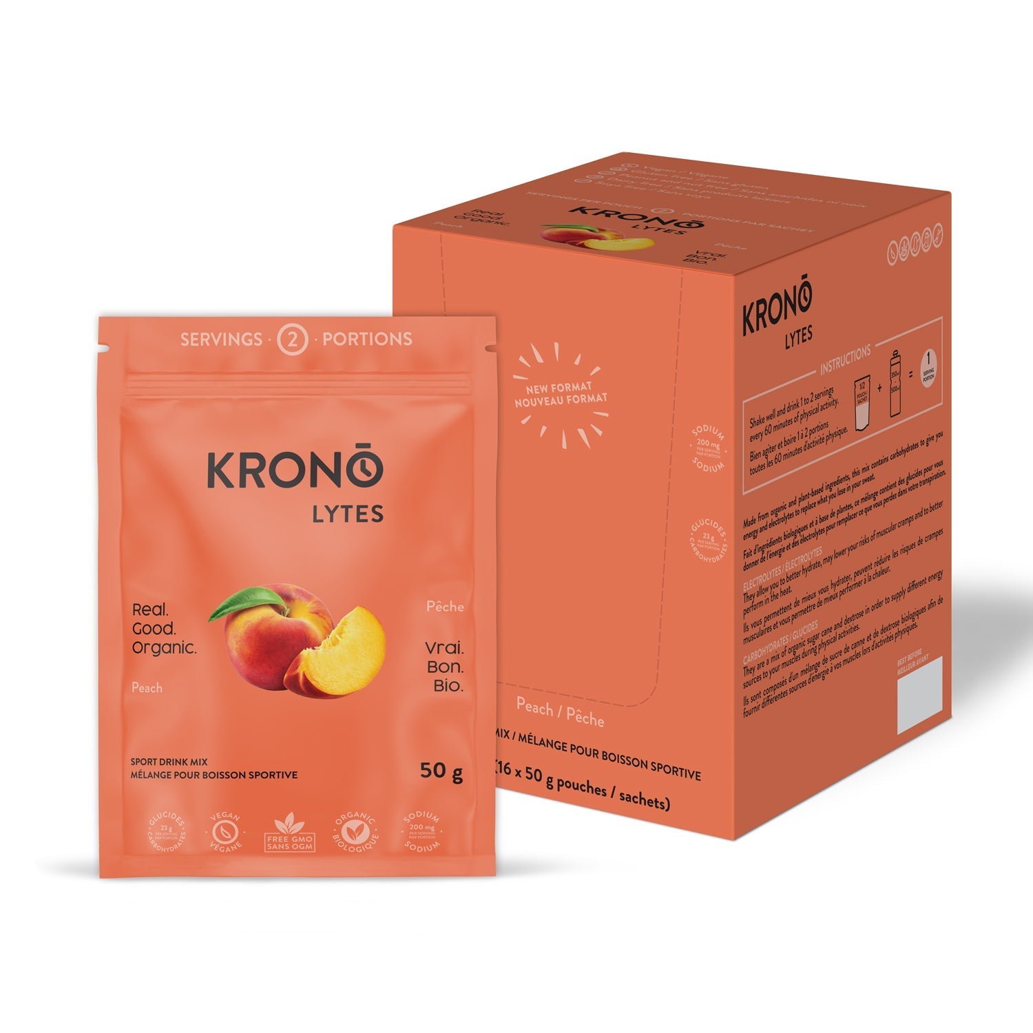 Krono Nutrition peach sport drink mix, 50g, in a box of 16 pouches
