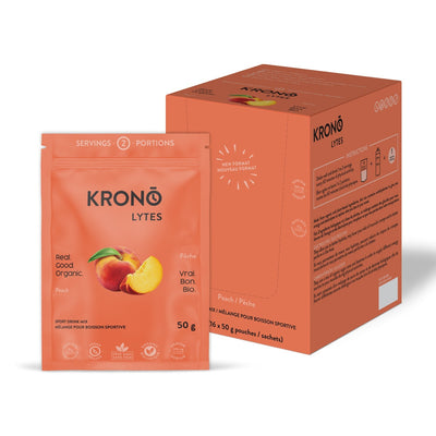 Krono Nutrition peach sport drink mix, 50g, in a box of 16 pouches