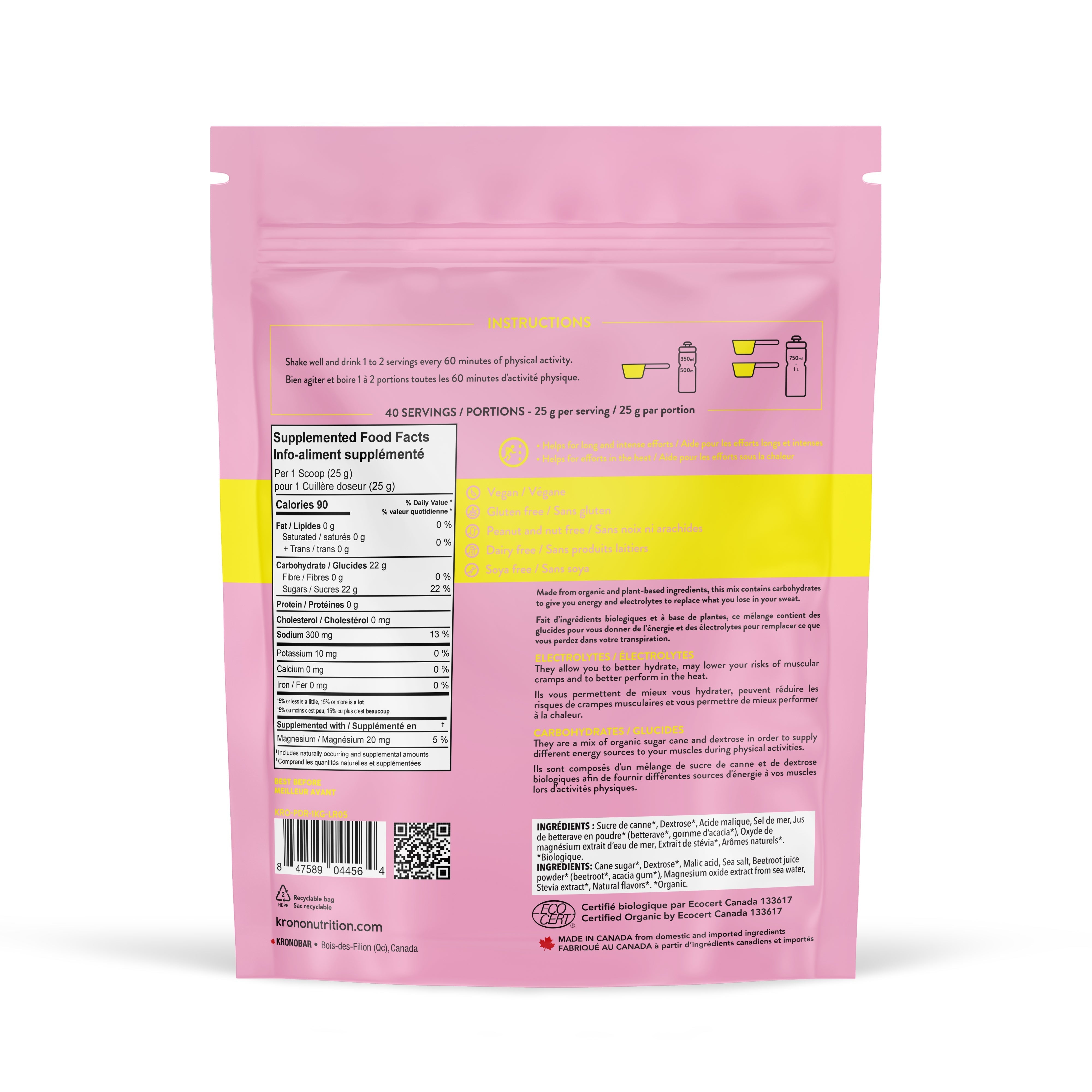 Krono Nutrition pink lemonade sport drink mix, 1kg, back view