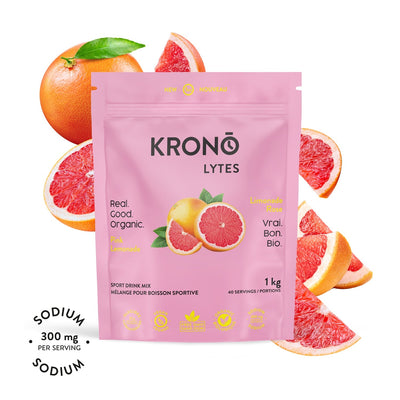 Krono Nutrition pink lemonade sport drink mix, 1kg, grapefruits in the background