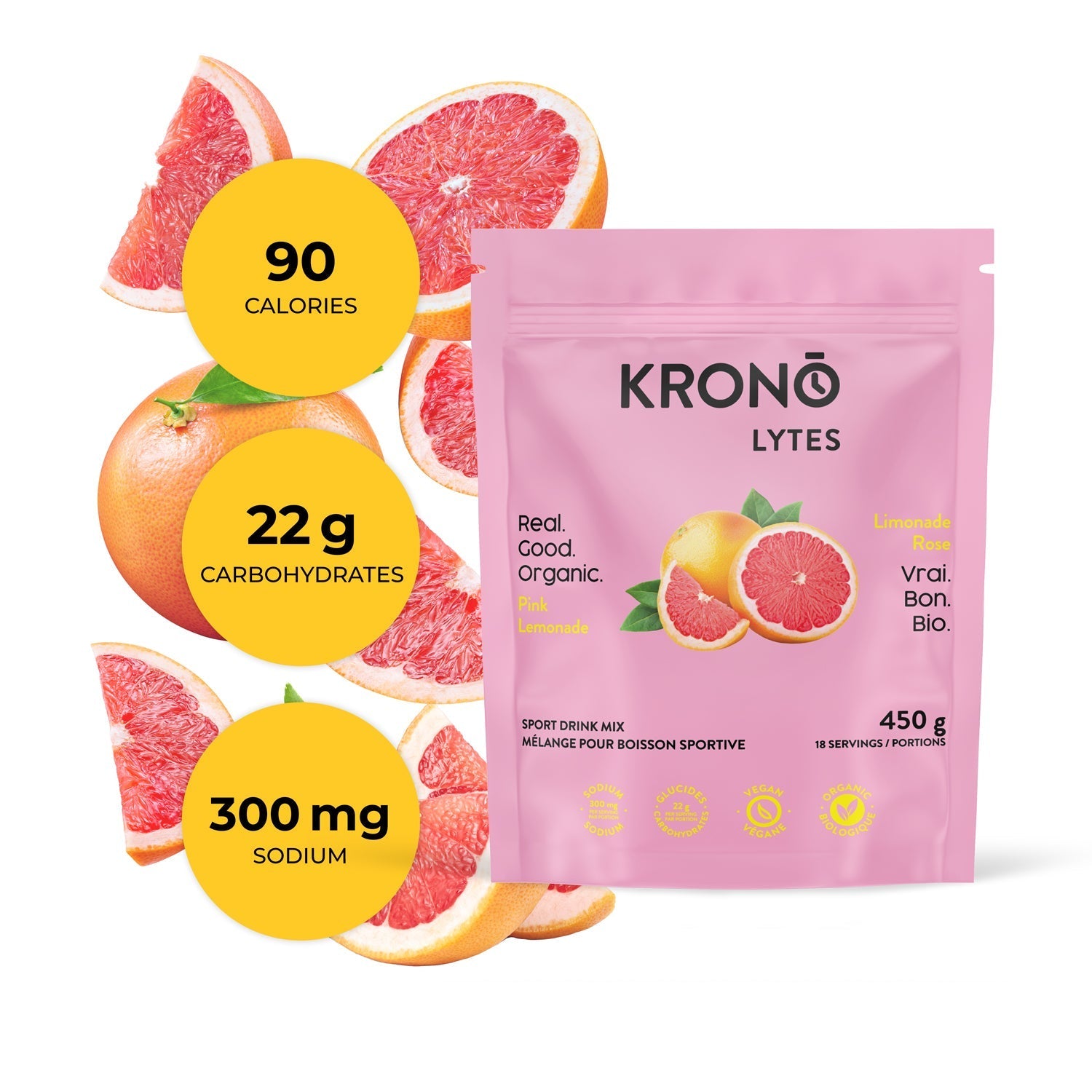 Krono Nutrition pink lemonade sport drink mix, 450g, composition with grapefruits in the background