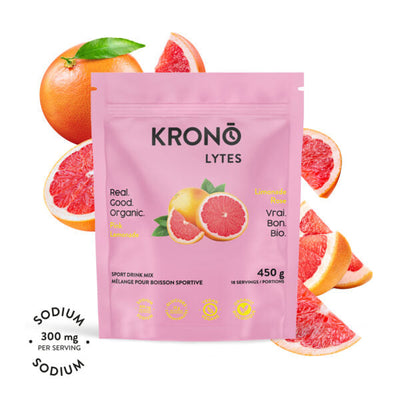 Krono Nutrition pink lemonade sport drink mix, 450g, grapefruits in the background