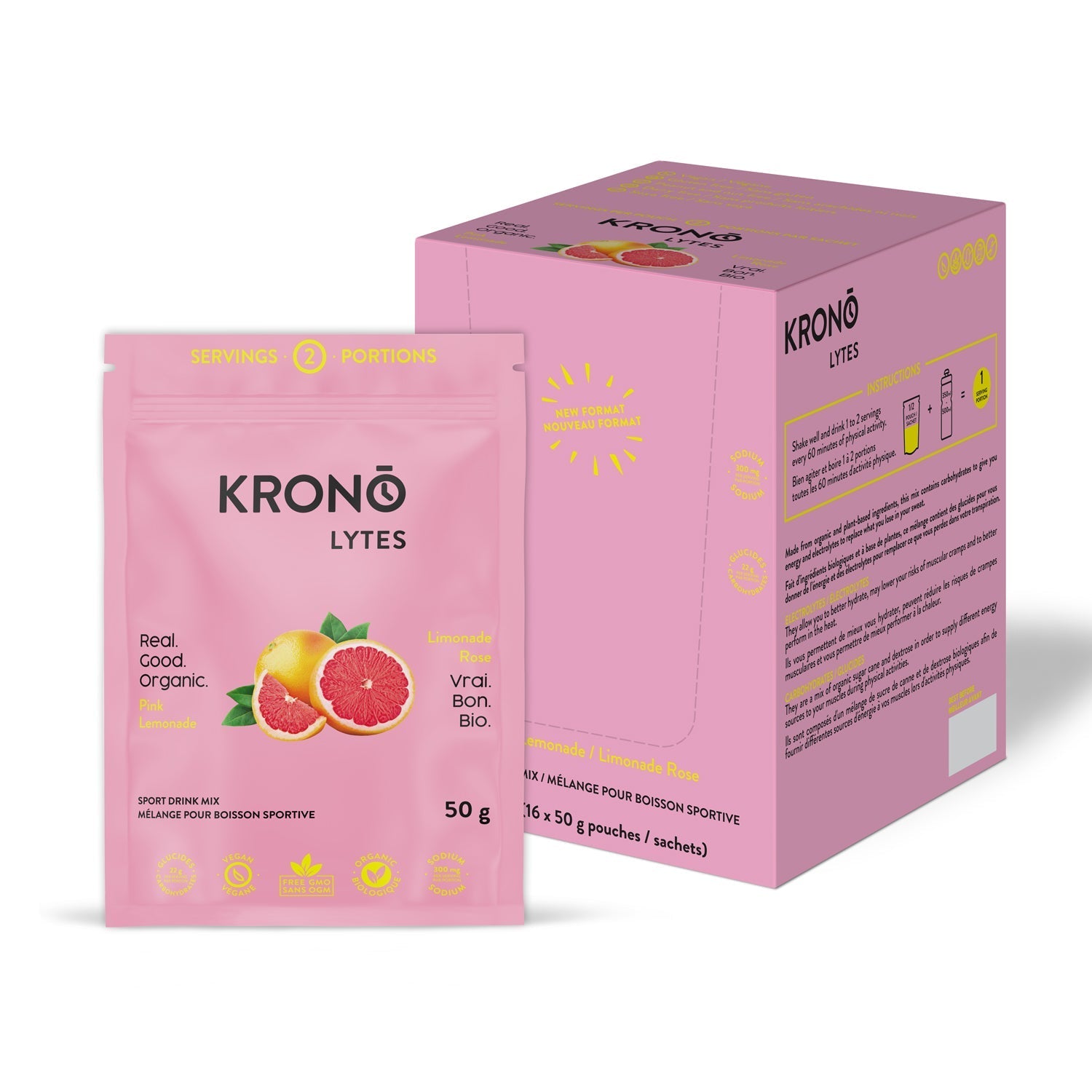 Krono Nutrition pink lemonade sport drink mix, 50g, in a box of 16 pouches