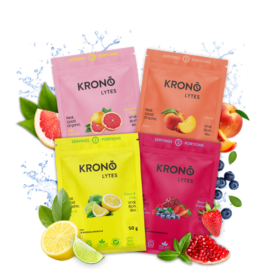 Krono Nutrition variety pack sport drink mixes surrounded by their corresponding ingredients