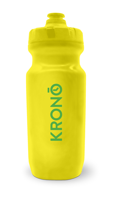 Krono Nutrition yellow water bottle, front view