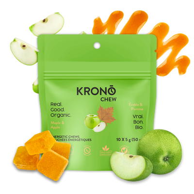 A green package of KRONØ energy chews with images of apple, maple, and other fruits around it, indicating the flavor of the product.