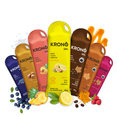 Krono Gel energy gels in various flavors with corresponding fruit illustrations on a black background.