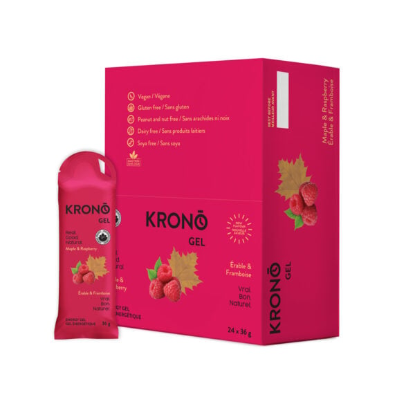 Boîte de 24 gels au sirop d'érable de Krono Nutrition, saveur Érable et Framboise