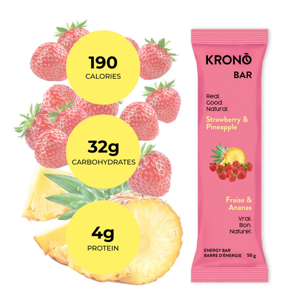 Barre énergétique Fraise et Ananas de la gamme Krono Bar avec valeurs nutritionnelles