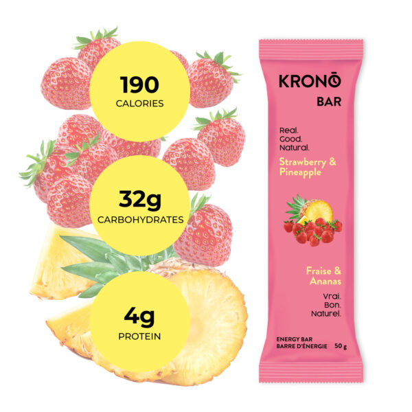Barre énergétique Fraise et Ananas de la gamme Krono Bar avec valeurs nutritionnelles